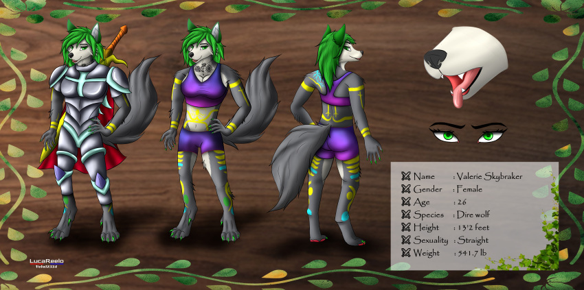 absurd_res anthro breasts canid canine canis clothed clothing digital_media_(artwork) dire_wolf english_text female fur hair hi_res looking_at_viewer lucareelo mammal model_sheet solo text valerie_skybraker wolf