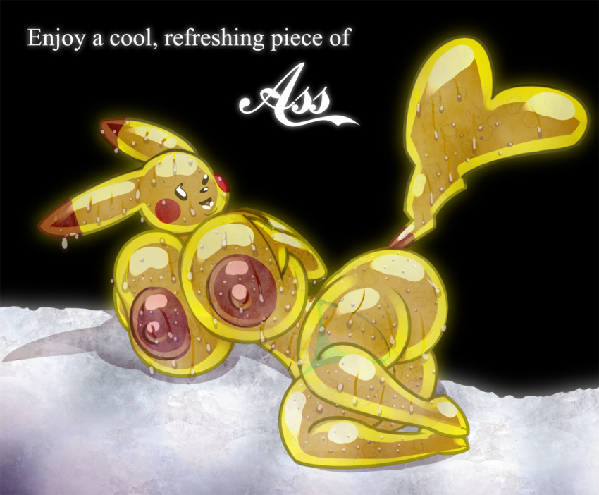 2019 anthro areola big_breasts big_butt breasts butt clothed clothing dipstick_ears english_text female generation_1_pokemon hand_on_breast huge_breasts ice_cube living_sex_toy lying multicolored_ears nintendo nipples norithics on_side one_eye_closed open_mouth pikachu pink_areola pink_nipples pokemon pokemon_(species) rip_slyme rubber rubber_creature solo text thick_thighs thong topless translucent translucent_body underwear wet wet_body yellow_body