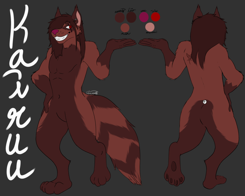 5:4 anthro brown_body brown_fur brown_hair demon digitigrade dumbassmacska featureless_crotch fur hair hi_res hybrid kairuutenma kariatenma male mammal model_sheet navel piercing procyonid raccoon red_eyes simple_background solo tattoo teeth