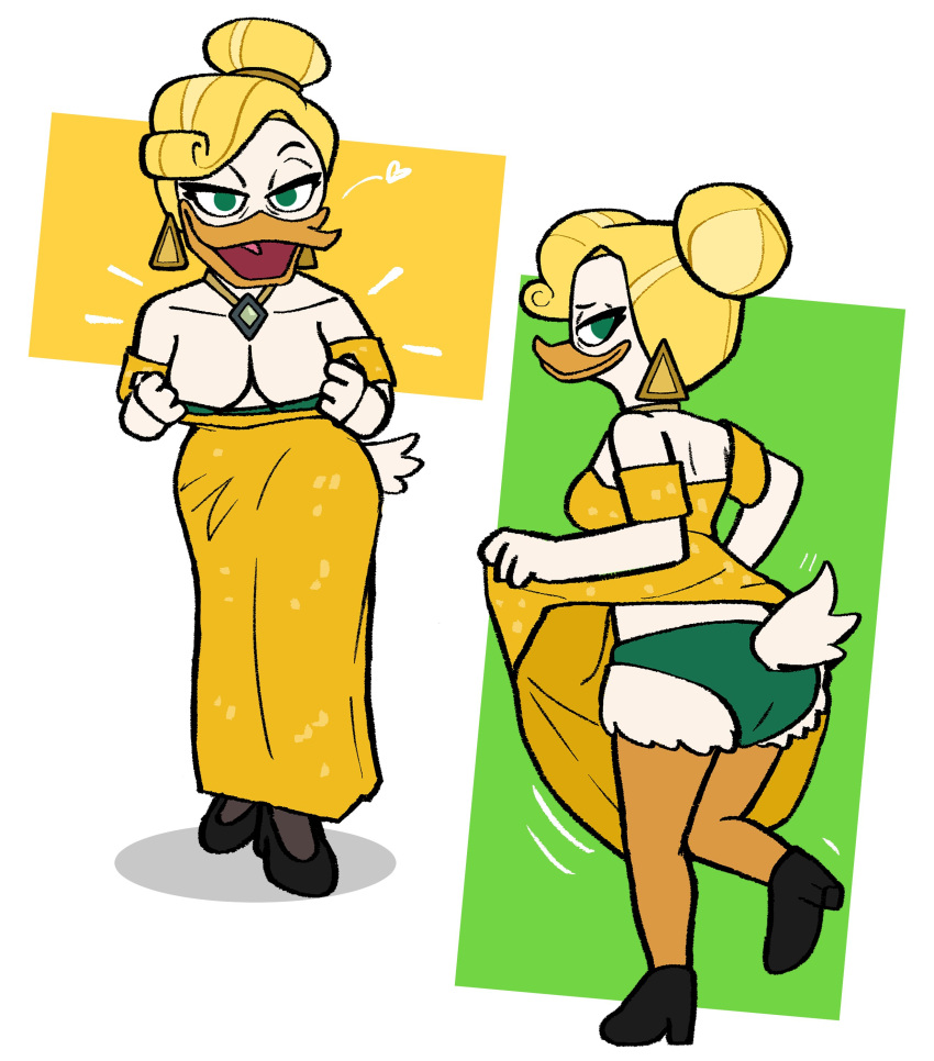 2022 absurd_res anatid anseriform anthro avian beak bedroom_eyes bird blonde_hair breasts butt cleavage clothed clothing clothing_pull disney dress dress_pull dubindore duck ducktales ducktales_(2017) ear_piercing ear_ring feathers female flashing front_view goldie_o'gilt green_clothing green_eyes green_panties green_underwear hair hi_res looking_at_viewer milk narrowed_eyes non-mammal_breasts on_one_leg panties partially_clothed piercing rear_view ring_piercing seductive solo standing underwear white_body white_feathers yellow_clothing yellow_dress