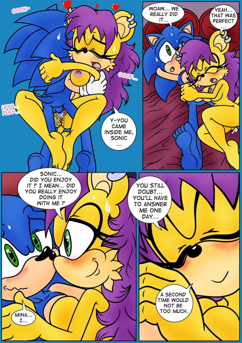 &lt;3 &lt;3_eyes absurd_res anthro archie_comics bed black_nose blue_body blue_fur blue_hair blush bodily_fluids bouncing_breasts breasts camel_toe close-up comic cum cum_in_pussy cum_in_uterus cum_inside dialogue english_text eulipotyphlan eyes_closed female female_penetrated from_front_position fur furniture genital_fluids genitals green_eyes hair hedgehog herpestid hi_res licking lying male male/female male_penetrating male_penetrating_female mammal mina_mongoose moan mongoose navel nipple_outline nipples nude on_back one_eye_closed penetration penile penile_penetration penis penis_in_pussy purple_hair pussy pussy_juice raianonzika sega sex sonic_the_hedgehog sonic_the_hedgehog_(archie) sonic_the_hedgehog_(comics) sonic_the_hedgehog_(series) spread_legs spreading sweat text tongue tongue_out uterus vaginal vaginal_penetration yellow_body yellow_fur