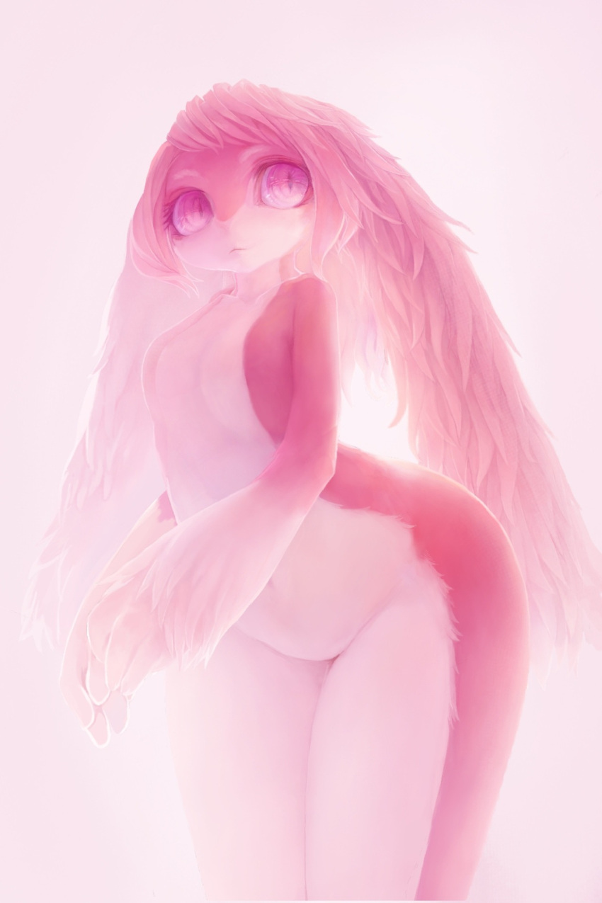 2:3 anthro dragon female fluffy_ears fur furred_dragon fuzisawa hair hi_res long_ears markings pink_body pink_eyes pink_fur pink_hair solo white_body white_fur white_markings