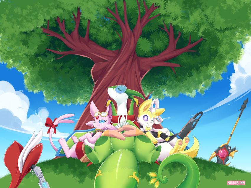 2020 4:3 adelle_(eduymario) against_natural_surface against_surface against_tree alternate_color ambiguous_gender amethyst_(liperinehart) axe belly blue_sky cape claws clothed clothed_feral clothing cloud detailed_background eddy_(eduymario) eeveelution espeon eyes_closed eyewear eyewear_on_head fan_character featureless_crotch feral flygon footwear forehead_gem foreshortening generation_2_pokemon generation_3_pokemon generation_5_pokemon generation_6_pokemon glasses glasses_on_head group gunblade happy hat headgear headwear hi_res hybrid jacket melee_weapon nikkibunn nintendo one_eye_closed outside pawpads pink_pawpads plant planted_weapon pokemon pokemon_(species) purple_sclera relaxing serperior sitting sky smile smirk spread_legs spreading sword sylveon toeless_footwear topwear tree under_shade under_tree weapon white_claws wink