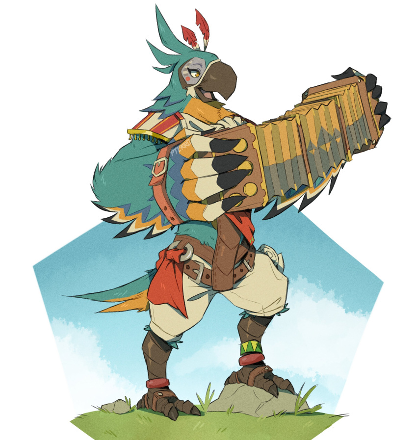 2020 3_toes absurd_res accordion anthro avian beak black_beak bottomwear breath_of_the_wild clothed clothing feet hi_res kass_(tloz) male musical_instrument nintendo pants pterro rito simple_background solo standing the_legend_of_zelda toes