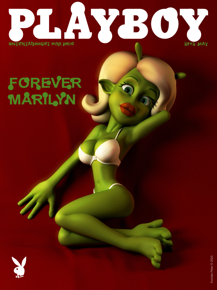 2014 3:4 3_toes 3d_(artwork) 4_fingers absurd_res alien alien_humanoid antennae_(anatomy) barefoot blonde_hair bra breasts clothing cover digital_media_(artwork) english_text eyebrows feet female fingers green_body green_eyebrows green_eyes green_skin green_text hair hand_behind_head hi_res humanoid kondaspeter lips lipstick magazine_cover makeup marilyn_monroe midriff navel not_furry panties parody pinup planet_51 playboy pose red_lips red_lipstick solo text thick_lips toes underwear white_bra white_clothing white_underwear