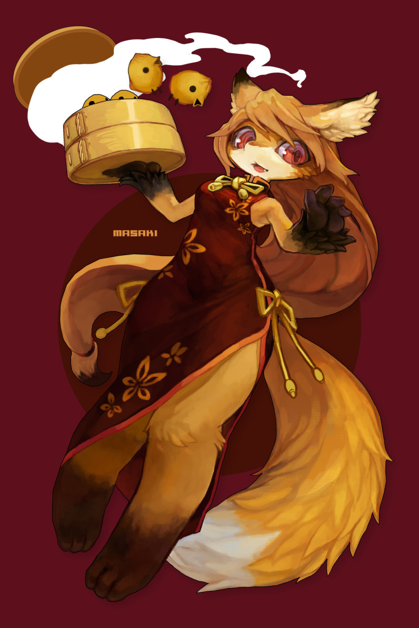 2:3 anthro asian_clothing black_paws blonde_hair canid canine chinese_clothing chinese_dress clothing dress east_asian_clothing female fox fur fuzisawa hair hi_res holding_object kemono long_hair mammal red_eyes solo steam yellow_body yellow_fur