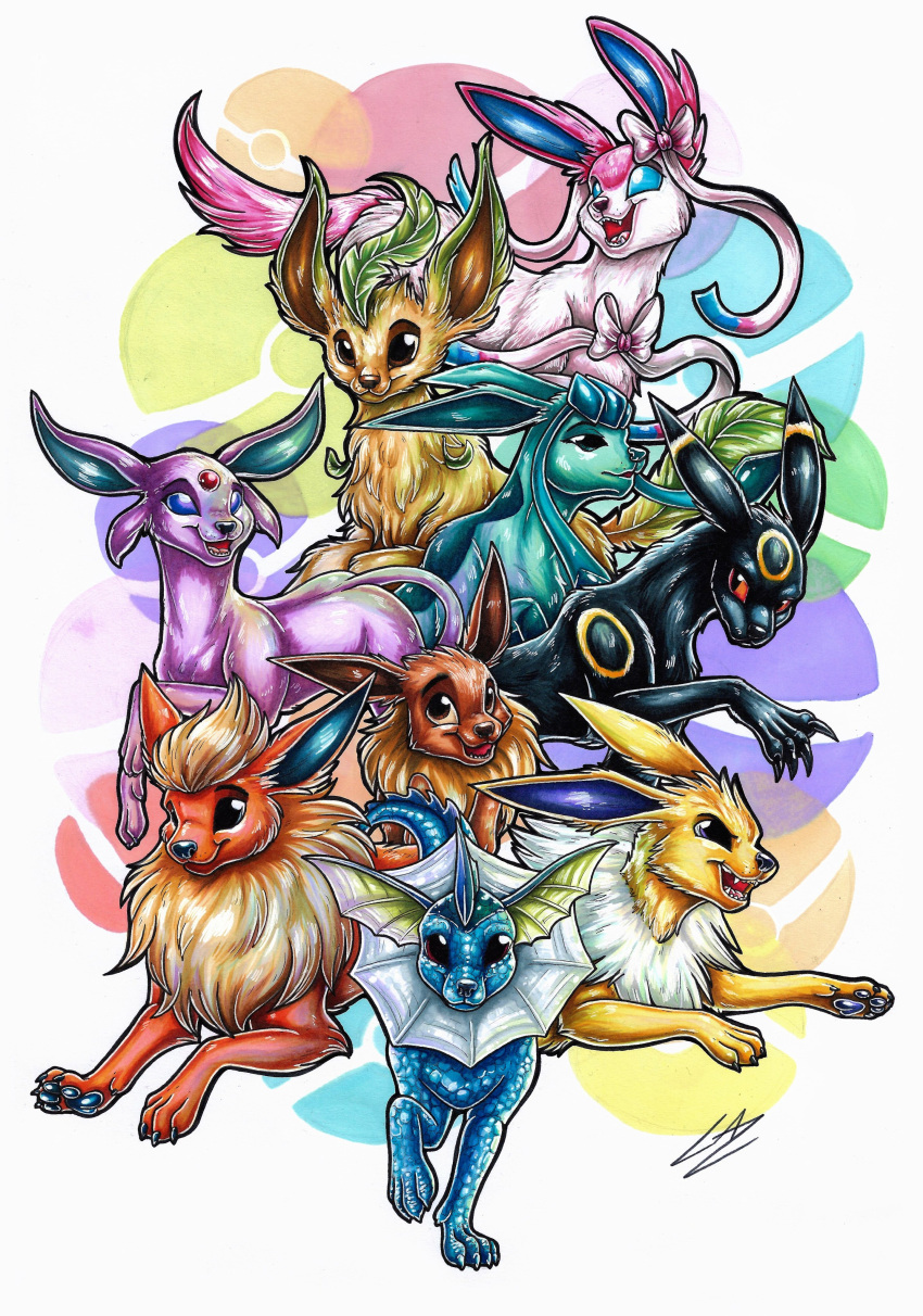 2022 absurd_res eevee eeveelution espeon female feral flareon fur generation_1_pokemon generation_2_pokemon generation_4_pokemon generation_6_pokemon glaceon group hi_res jolteon leafeon looking_at_viewer lupiarts male multicolored_body multicolored_fur nintendo open_mouth pawpads paws pokeball pokemon pokemon_(species) signature simple_background smile sylveon traditional_media_(artwork) umbreon vaporeon