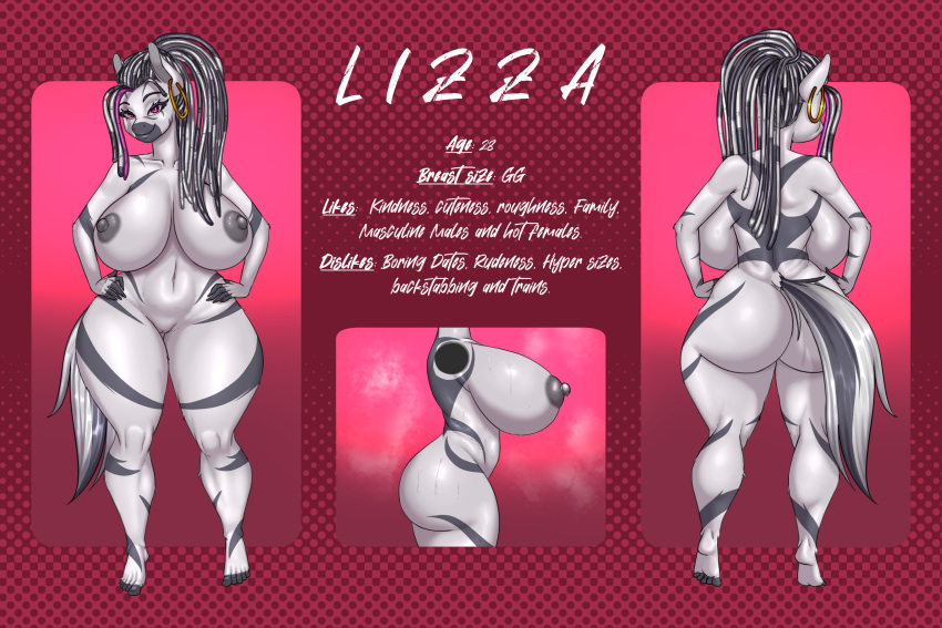3:2 anthro big_breasts big_butt black_hair breasts butt dreadlocks equid equine fan_character genitals hair hands_on_hips hasbro hi_res long_hair mammal model_sheet my_little_pony nipples pussy stripes thick_thighs white_hair wide_hips wolfmask zebra