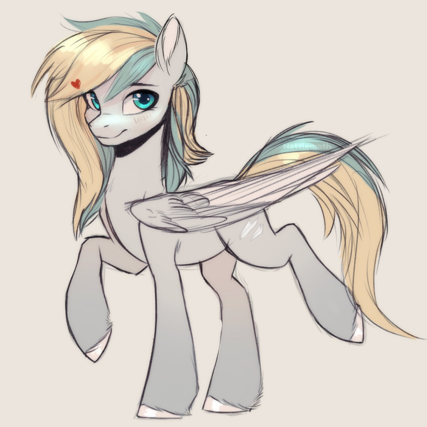 &lt;3 ambiguous_gender blonde_hair blue_eyes blush cutie_mark equid equine fan_character feathered_wings feathers fetlocks folded_wings fur green_hair green_tail grey_body grey_feathers grey_fur hair hasbro hi_res hooves mammal multicolored_body multicolored_feathers multicolored_hair multicolored_tail multicolored_wings my_little_pony nettlemoth pegasus raised_hoof smile solo tail white_body white_feathers white_hooves wings yellow_tail