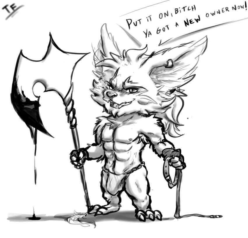 abs anthro armpit_hair black_and_white blood blood_on_weapon bodily_fluids body_hair bulge chest_tuft clothing collar dialogue ear_piercing ear_ring fennephilim_fox gloves hair handwear hi_res holding_collar holding_object holding_weapon kled_(lol) league_of_legends leash looking_at_viewer male monochrome muscular muscular_male nails nipples open_mouth piercing ponytail ring_piercing riot_games scar shoulder_tuft smirking_at_viewer solo talking_to_viewer teeth thong tuft underwear weapon yordle