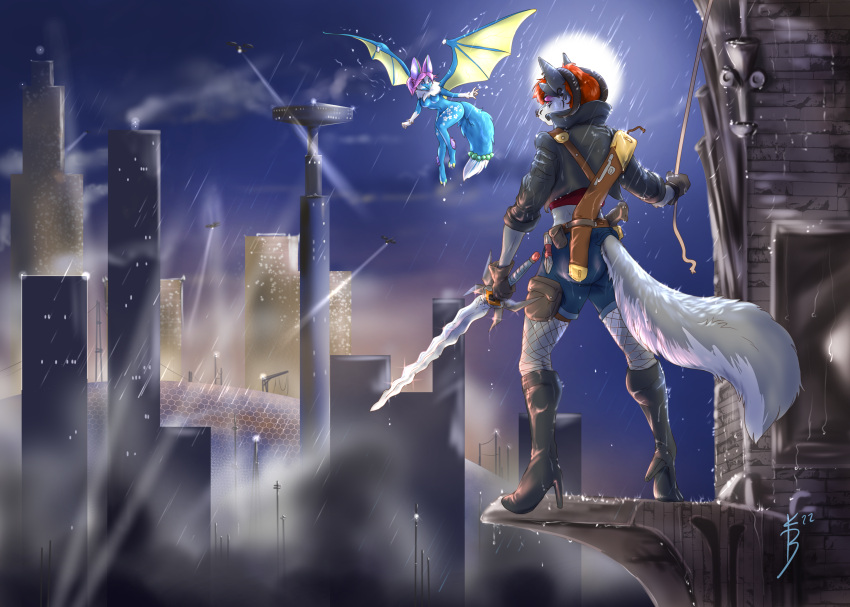 absurd_res anthro bat building canid canine canis city city_background city_lights city_scape city_skyline cityscape familiar female furry hi_res invalid_background invalid_tag kennehbreen leather mammal melee_weapon raining scenery skyscraper sword sword_on_back sword_sheath warrior weapon wolf