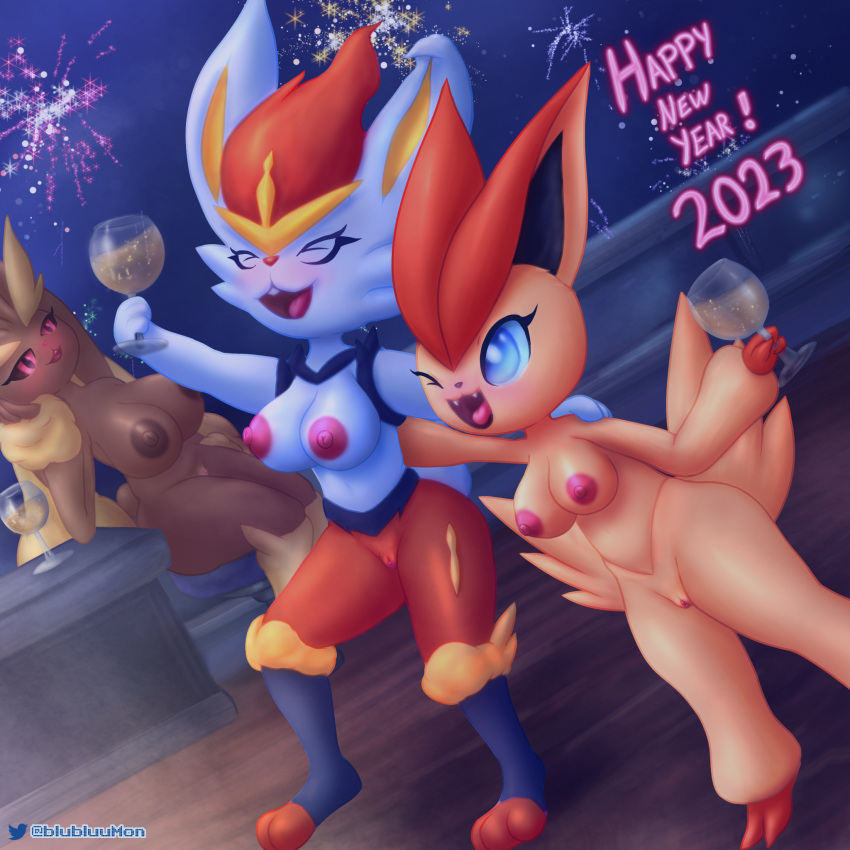 2023 alcohol anthro beverage blubluumon blush breasts champagne cinderace container cup eyes_closed fangs female fireworks generation_4_pokemon generation_5_pokemon generation_8_pokemon genitals group happy hi_res legendary_pokemon legs_up lopunny night nintendo nipples one_eye_closed open_mouth pokemon pokemon_(species) pussy smile teeth tongue trio victini wings wink
