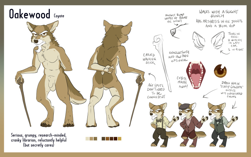 absurd_res backsack balls beard brown_body brown_eyes brown_fur butt cane canid canine canis claude_oakewood coyote english_text facial_hair flaccid fur genitals hair hi_res male mammal model_sheet old penis pixel-prism tamberlane_(comic) text white_hair