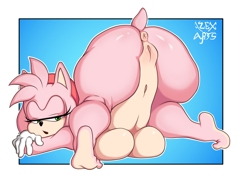 absurd_res accessory alexvarts amy_rose anthro anus ass_up big_breasts breasts feet female fur genitals green_eyes headband hi_res looking_at_viewer navel open_mouth pink_body pink_fur presenting pussy rear_view sega simple_background solo sonic_the_hedgehog_(series)