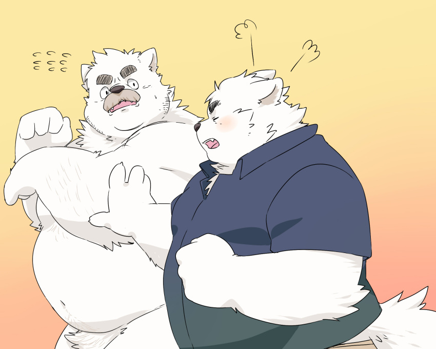 2022 5:4 anthro belly big_belly blush canid canine canis clothing domestic_dog duo facial_hair hi_res inunoshippo kemono male mammal mature_male mustache navel overweight overweight_male shirt topwear
