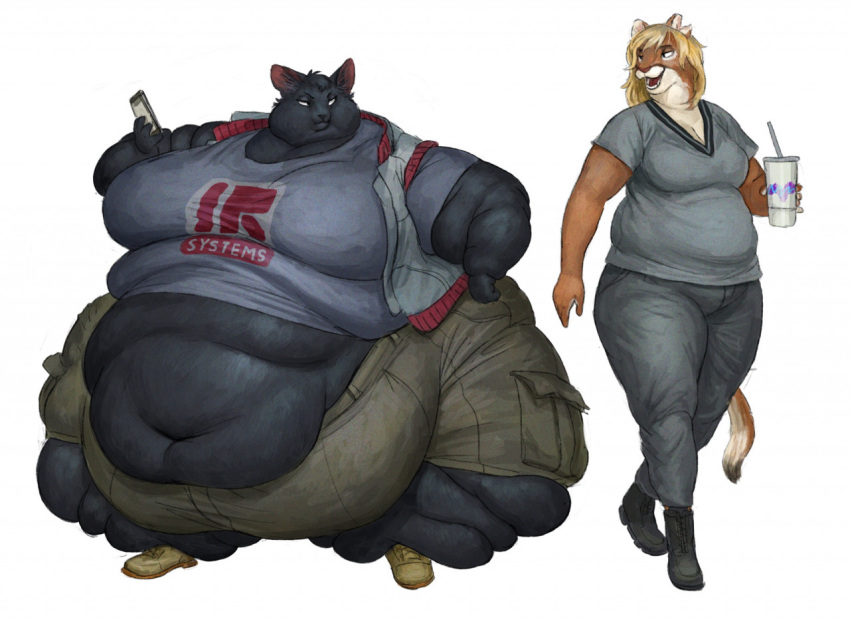 2021 anthro belly big_belly black_body black_fur blonde_hair bottomwear cettus clothed clothing container cougar cup deep_navel disposable_cup domestic_cat duo fat_rolls felid feline felis female footwear front_view fur hair holding_object holding_phone mammal morbidly_obese morbidly_obese_anthro morbidly_obese_female navel obese obese_anthro obese_female overweight overweight_anthro overweight_female pants phone sarka_svobodova shirt shoes simple_background size_difference standing topwear vest walking white_background