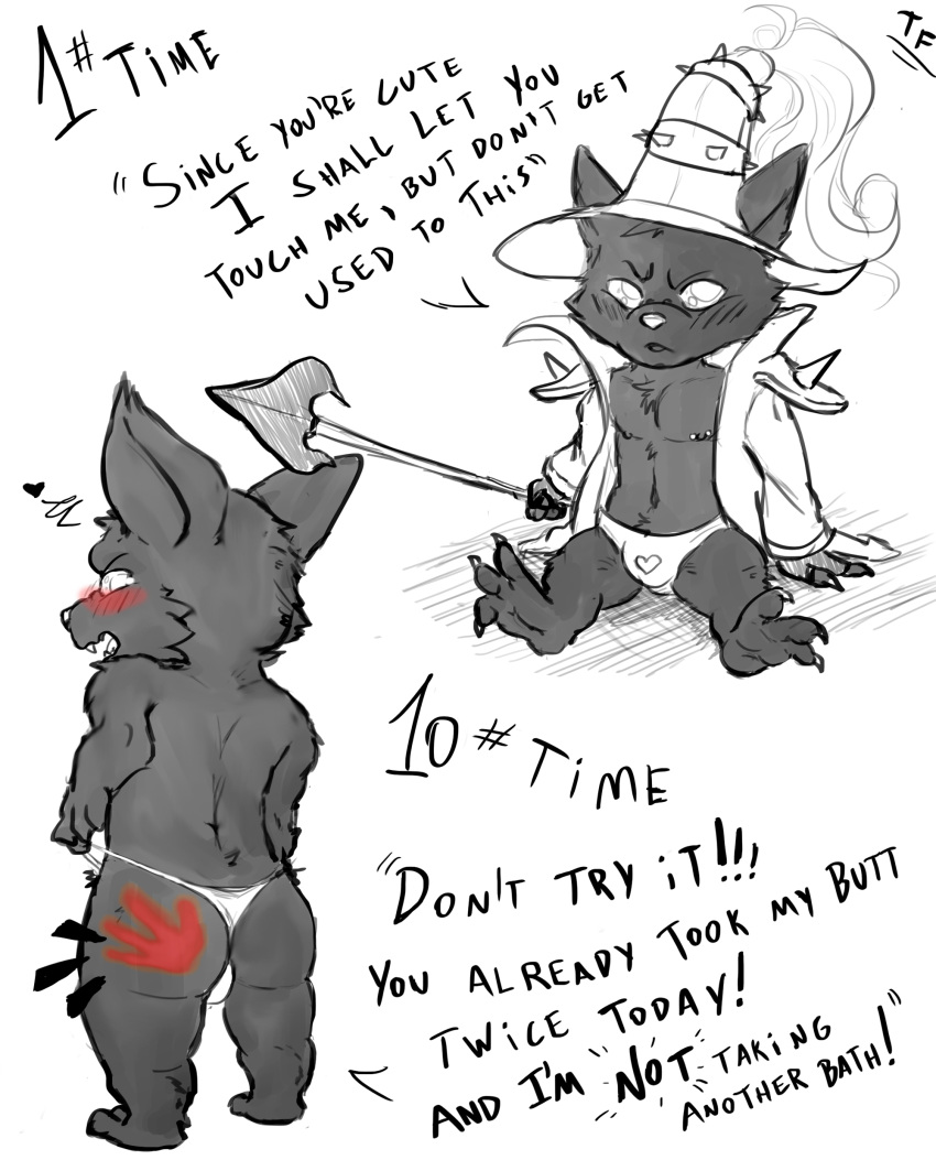 &lt;3 4:5 absurd_res anthro black_and_white black_body black_fur blush bulge butt clothed clothing dialogue feet fennephilim_fox front_view fur gloves handwear hat headgear headwear hi_res holding_object holding_weapon league_of_legends looking_at_viewer looking_back looking_back_at_viewer male monochrome nails nipple_piercing nipples partially_clothed piercing pulling_underwear rear_view riot_games sitting solo spank_marks staff standing talking_to_viewer teeth toe_curl toes tunic underwear veigar weapon yordle