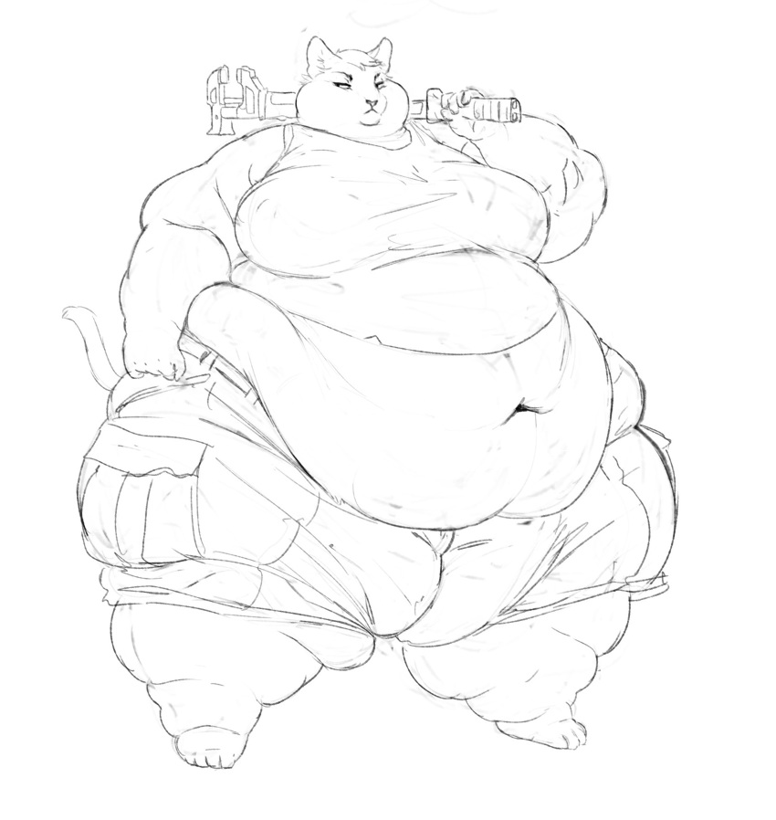 2022 anthro belly big_belly bottomwear cettus clothing deep_navel domestic_cat fat_rolls felid feline felis female hi_res holding_object mammal monochrome morbidly_obese morbidly_obese_anthro morbidly_obese_female navel obese obese_anthro obese_female overweight overweight_anthro overweight_female pants sarka_svobodova shirt sketch solo standing tools topwear wrench