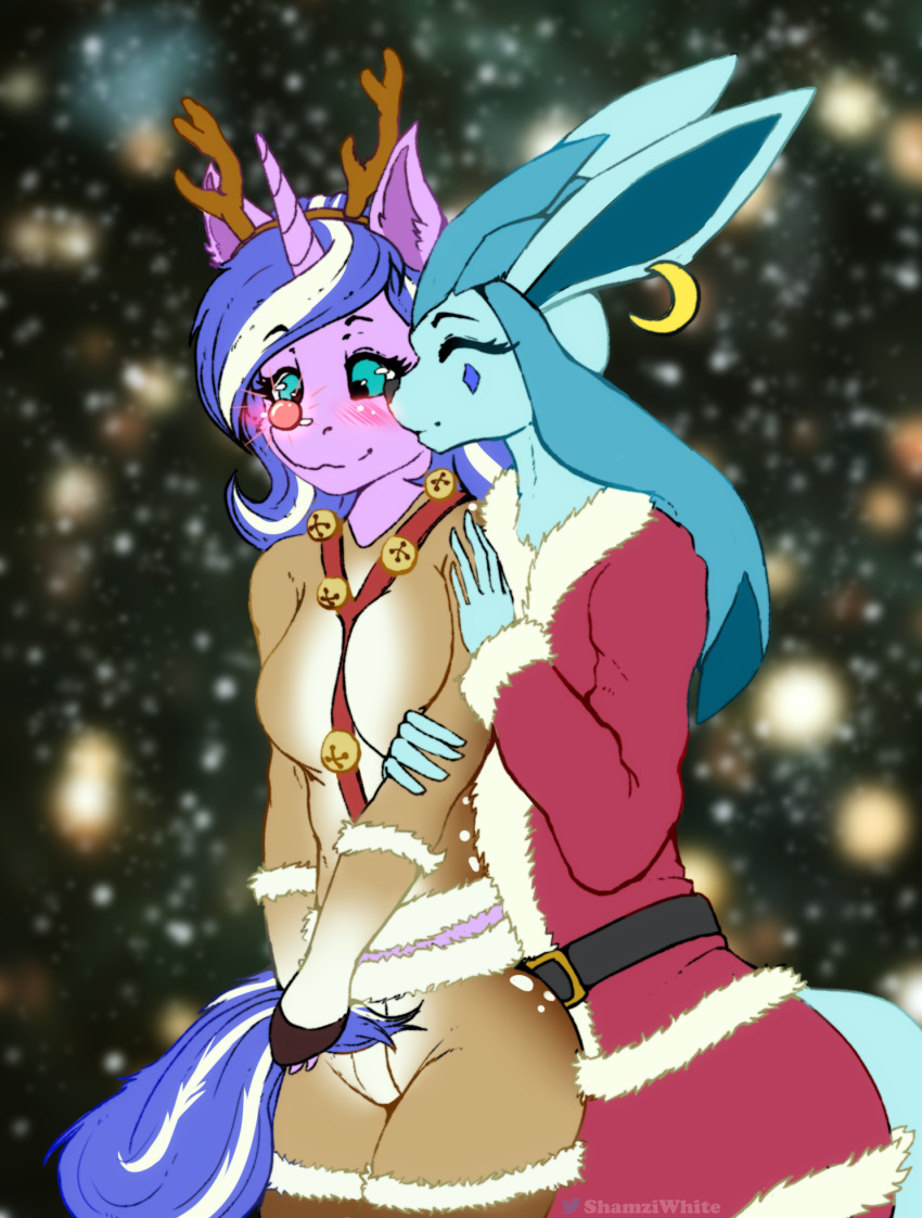 2022 anthro biped blue_body blue_fur blush christmas christmas_outfit clothing costume digital_drawing_(artwork) digital_media_(artwork) eeveelution embrace fan_character female fur generation_4_pokemon glaceon harness hasbro hi_res holidays hug kissing kissing_cheek male my_little_pony nintendo pink_body pink_fur pokemon pokemon_(species) red_nose ripy shamziwhite smile