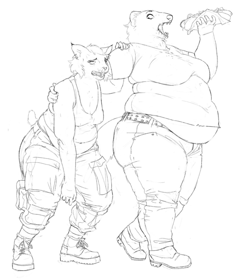 2022 anthro arm_around_shoulder belly belt boots bottomwear breath cettus clothing denim denim_clothing domestic_cat duo eating felid feline felis female food footwear hi_res holding_food holding_object hot_dog jeans mammal maren_sommer mustelid musteline open_mouth overweight overweight_anthro overweight_female panting pants punk shirt shoes sketch stoat studded_belt tank_top topwear true_musteline walking weasel