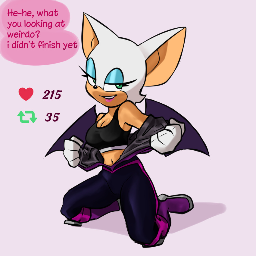 1:1 absurd_res anthro bat blue_eyeshadow bra breasts clothing english_text eyeshadow female fur green_eyes hexecat hi_res latex makeup mammal navel rouge_the_bat sega skinsuit smile solo sonic_prime sonic_the_hedgehog sonic_the_hedgehog_(series) sports_bra strip_meme striptease text tight_clothing underwear undressing white_body white_fur wings