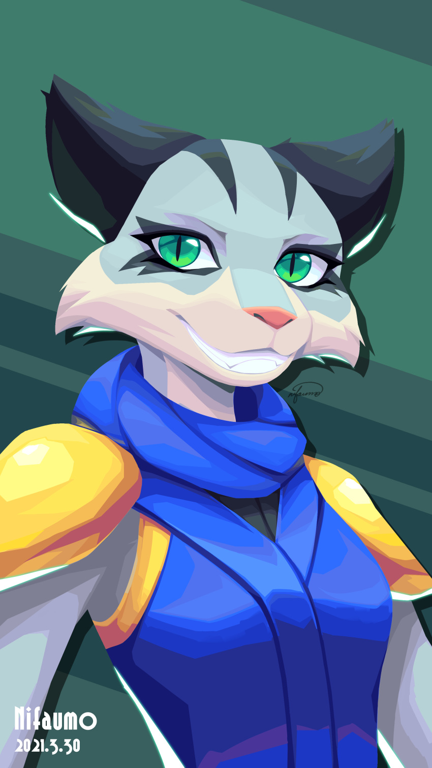 absurd_res anthro artist_name asuri_(brawlhalla) black_ears blue_clothing blue_topwear breasts clothed clothing countershade_face countershading dated eyelashes felid female fur green_eyes grey_body grey_fur half-length_portrait hi_res mammal nifaumo pantherine pink_nose portrait signature solo tiger topwear