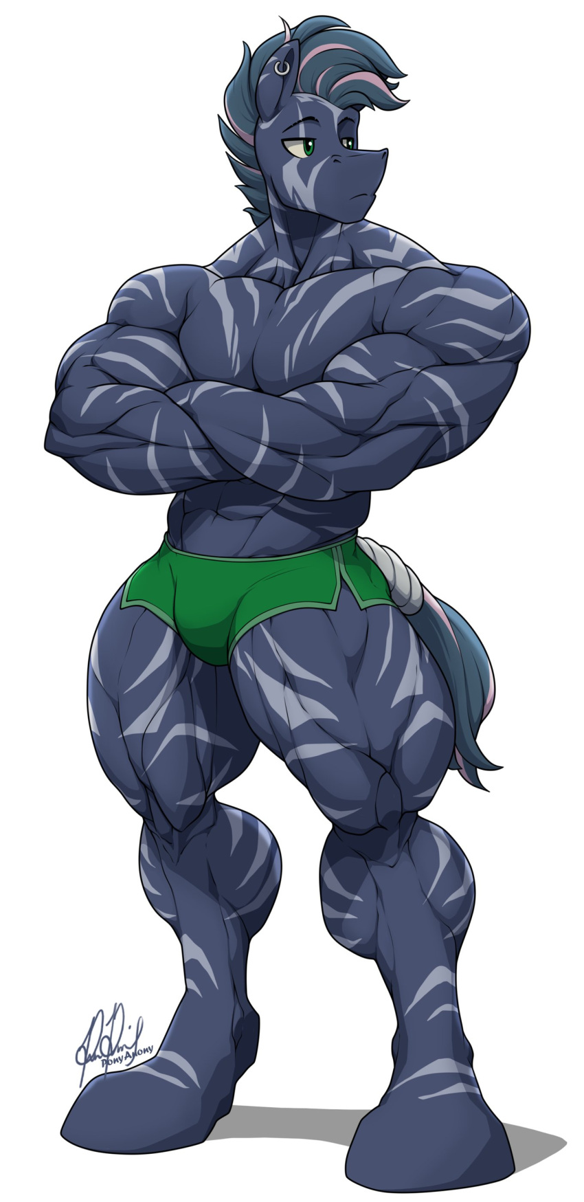 abs absurd_res anthro biceps big_muscles bottomwear clothing digital_media_(artwork) digital_painting_(artwork) ear_piercing equid equine flexing hi_res horse huge_muscles looking_aside looking_away male mammal muscular muscular_anthro muscular_male muscular_thighs piercing ponyanony rizzy_stripe shorts solo standing thick_thighs zebra