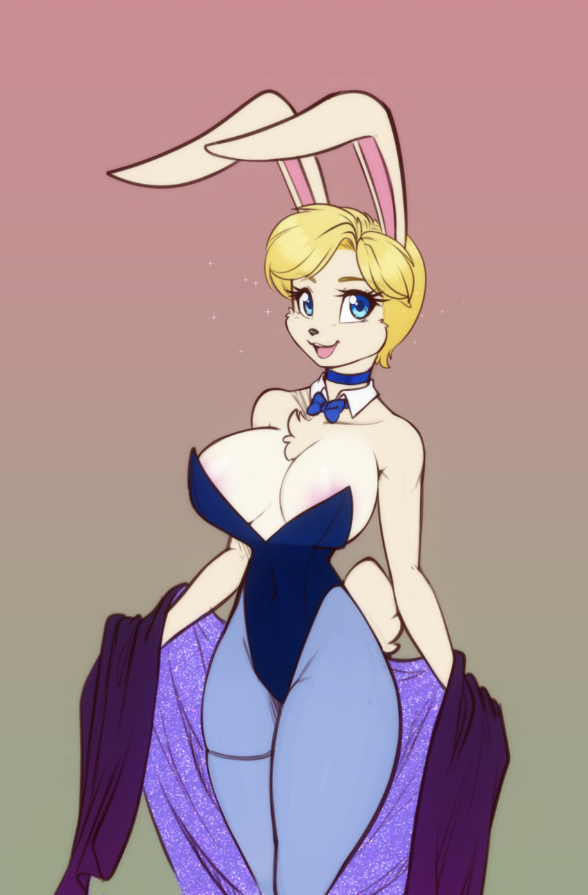 2023 anthro areola areola_slip big_breasts blonde_hair blue_eyes bow_tie breasts bunny_costume chest_tuft choker clothing costume eyebrows eyelashes female hair hi_res jewelry lagomorph leotard leporid long_ears looking_at_viewer mammal necklace open_mouth rabbit scorpdk shirt_collar short_hair solo sparkles tuft