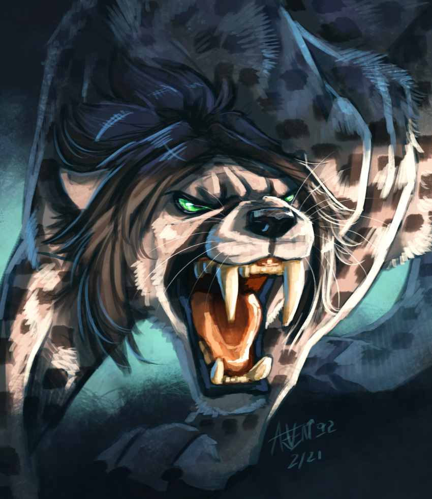 arven92_(artist) cheetah fangs felid feline feral hi_res male mammal sabertooth_(anatomy) snarling snowy_cheetah solo teeth