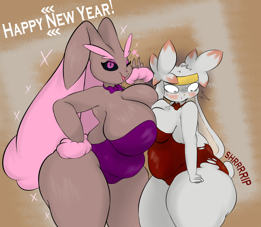 2022 absurd_res anthro blush breast_squish breasts breasts_frottage chelle_(plantedpot) chinese_zodiac clothing duo embarrassed english_text female female/female generation_4_pokemon generation_8_pokemon hi_res holidays lagomorph leotard looking_at_butt looking_at_viewer lopunny mammal new_year new_year_2023 nintendo one_eye_closed overweight overweight_anthro overweight_female plantedpot pokemon pokemon_(species) purple_clothing purple_eyes purple_leotard raboot red_clothing red_leotard ruby_(plantedpot) shiny_pokemon sound_effects sparkles squish text wardrobe_malfunction wide_eyed wink winking_at_viewer year_of_the_rabbit