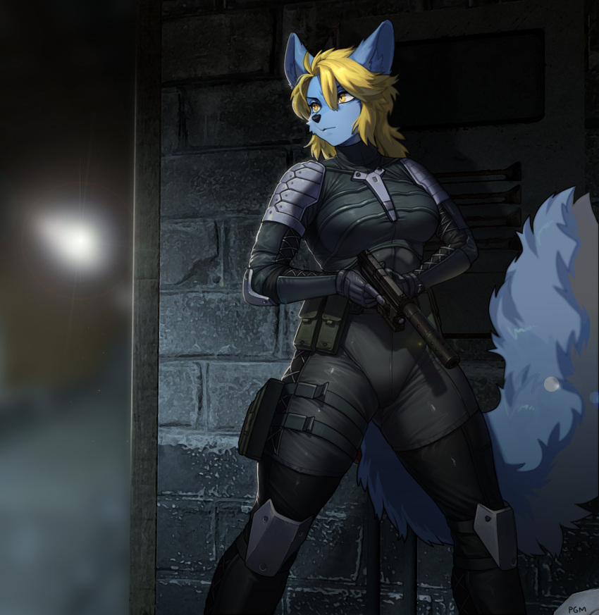 2022 anthro armor blonde_hair blue_body blue_fur bodysuit breasts canid clothed clothing cosplay female fluffy fluffy_tail fully_clothed fur gun hair handgun hi_res inner_ear_fluff knee_pads lens_flare mammal metal_gear_solid_2 pgm300 pistol raiden_(metal_gear) ranged_weapon short_hair shoulder_pads silencer skinsuit solo straps tight_clothing trigger_discipline tuft weapon yellow_eyes