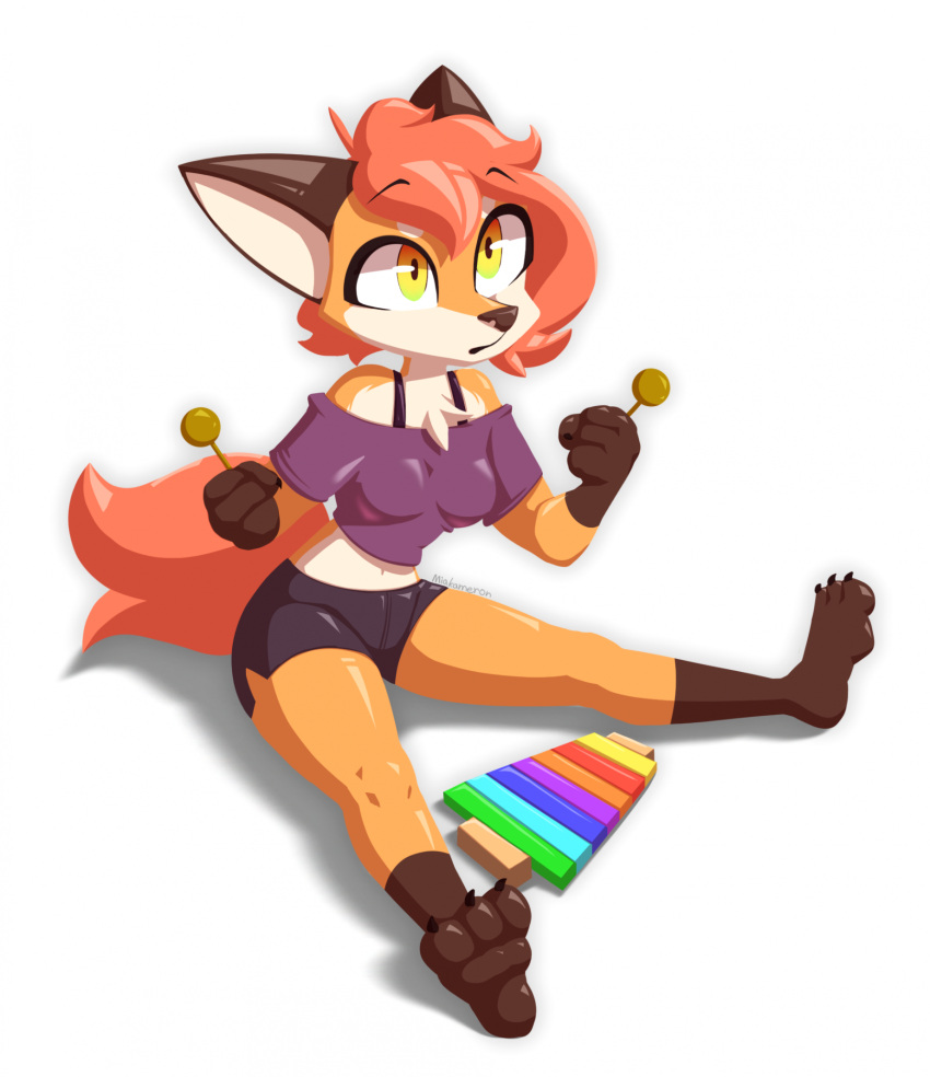 3_toes 4_fingers anthro bottomwear breasts brown_body brown_fur canid canine chest_tuft claws clothed clothing digital_media_(artwork) feet female fingers fox fur hair hi_res holding_object hotpants mammal miakameron midriff musical_instrument navel open_mouth orange_body orange_fur percussion_instrument red_hair shaded shadow shorts simple_background sitting solo spread_legs spreading toe_claws toes topwear tuft white_body white_fur wind_instrument woodwind_instrument xylophone yellow_eyes