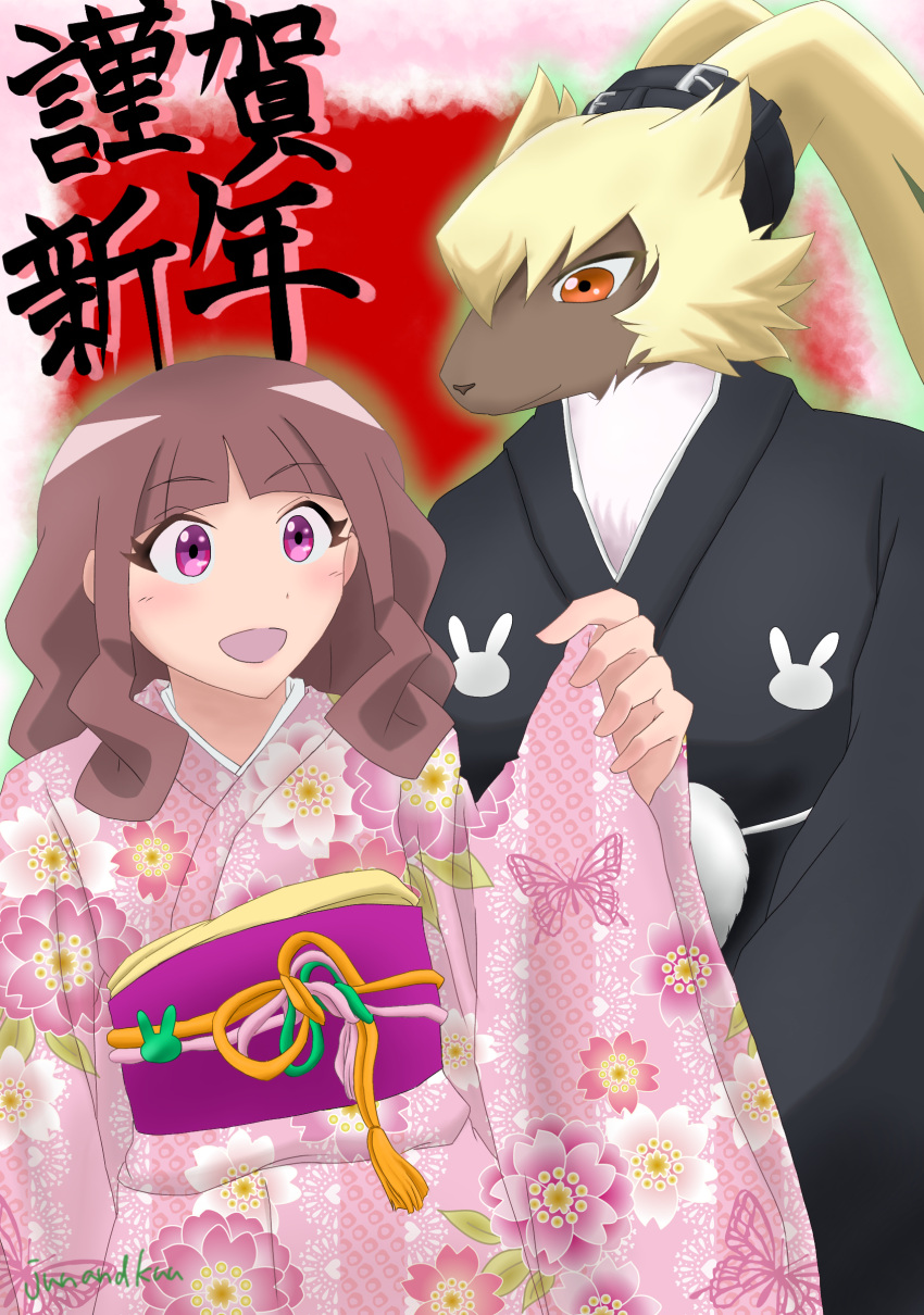 absurd_res anthro asian_clothing bandai_namco brown_hair chinese_zodiac clothing digimon digimon_ghost_game duo east_asian_clothing female fur hair hi_res human japanese_clothing junankuu kimono lagomorph leporid long_ears long_hair male mammal new_year_2023 orange_eyes ponytail_ears rabbit ruri_tsukiyono symbareangoramon year_of_the_rabbit yellow_body yellow_fur