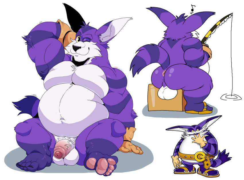 anthro anus balls belly big_ears big_the_cat butt chest_tuft clothing domestic_cat feet felid feline felis fishing genitals gloves handwear hi_res humanoid_genitalia lewdookami looking_at_viewer male mammal muscular_arms nails paws penis purple_body sega slightly_chubby smile solo sonic_the_hedgehog_(series) tail tuft