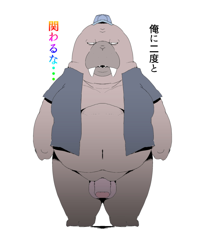 2023 anthro balls belly clothing flaccid genitals hi_res hiroshi_odokawa_(odd_taxi) japanese_text kemono male mammal marine navel odd_taxi overweight overweight_male penis pinniped shirt sigenoya solo takotyutyu text topwear walrus