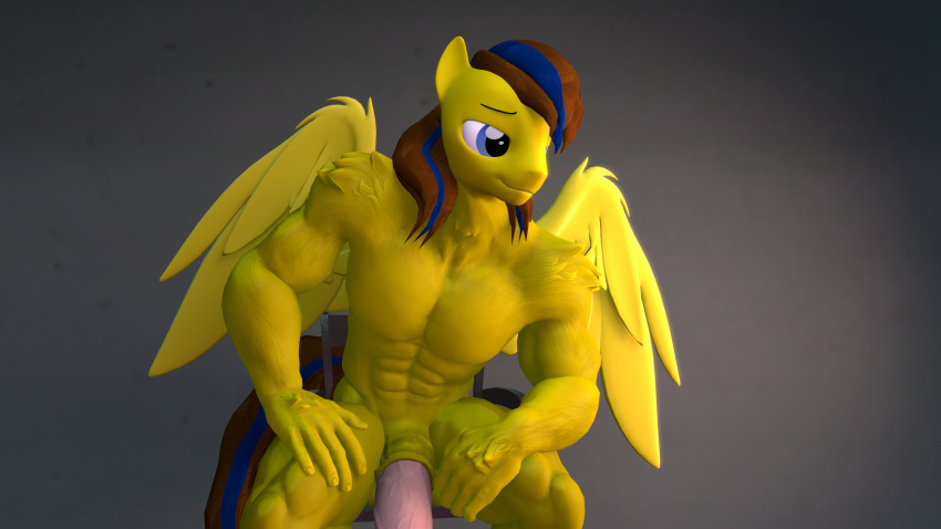 3d_(artwork) abs absurd_res animal_genitalia animal_penis anthro balls bedroom_eyes belly big_penis big_wings chair digital_media_(artwork) equid equine equine_penis fan_character featureless_chest flaccid friendship_is_magic fur furniture genitals gigachad gradient_background hair half-closed_eyes hand_on_leg hands_on_legs hasbro hi_res horse large_wings lemon_box long_hair long_mane long_tail male mammal medial_ring meme muscular muscular_anthro muscular_male muscular_thighs my_little_pony narrowed_eyes navel nude olkategrin on_chair pegasus penis pony seductive simple_background sitting sitting_on_chair smile solo source_filmmaker tail thick_penis vein veiny_balls veiny_penis wings yellow_body yellow_fur