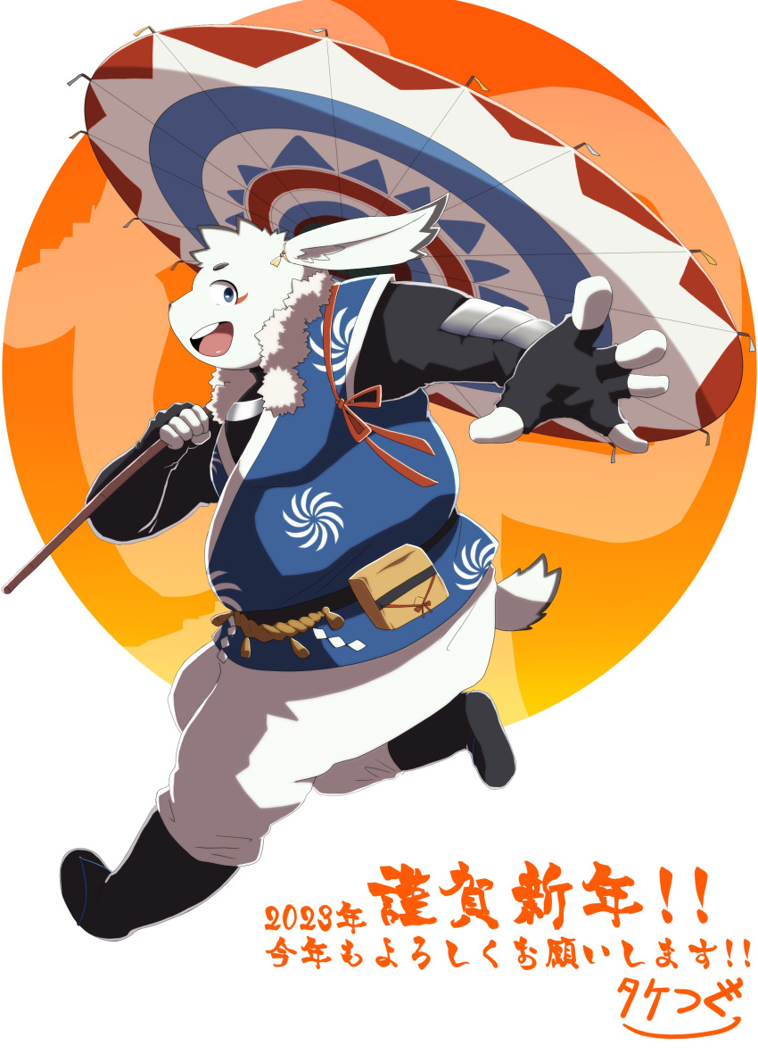 absurd_res anthro asian_clothing blue_body blue_fur boots chinese_zodiac clothing east_asian_clothing eye_markings fingerless_gloves footwear fur gloves handwear hi_res inaba_(tamacolle) japanese_clothing japanese_text kimono male markings new_year_2023 overweight parasol solo take_tsugu_roh tamacolle text year_of_the_rabbit