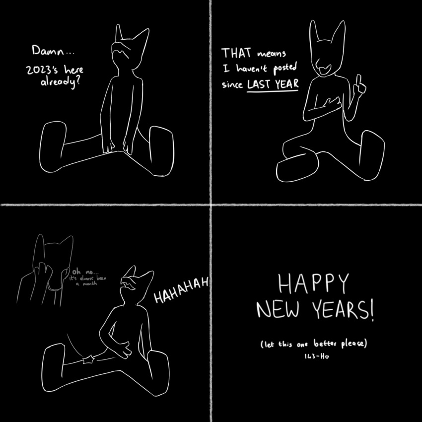 1:1 4_panel_comic ambiguous_gender anthro asking asking_self base_two_layout black_and_white black_background comic dialogue disappointed english_text eyeless four_frame_grid four_frame_image grid_layout hapromeen hi_res holidays humor laugh line_art looking_at_viewer monochrome new_year new_year_2023 pained_expression question questioning_tone regular_grid_layout scalie simple_background simplistic sitting sitting_on_ground solo talking_to_self text text_emphasis two_row_layout underline white_line_art yes-no_question