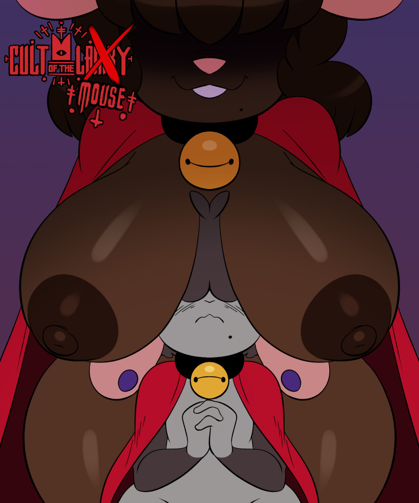 2022 absurd_res anthro bell bell_collar big_breasts bovid breasts brown_body brown_hair cape caprine clothing collar cover cover_art cover_page curled_hair duo ear_piercing ear_ring female girly grey_body grey_hair gwen_geek gwen_martin hair hair_over_eyes hi_res huge_breasts hyper hyper_breasts joaoppereiraus larger_female looming looming_over male mammal mouse murid murine nude piercing praying purple_background ring_piercing rodent sheep simple_background size_difference smaller_male tom_(isolatedartest) wide_hips