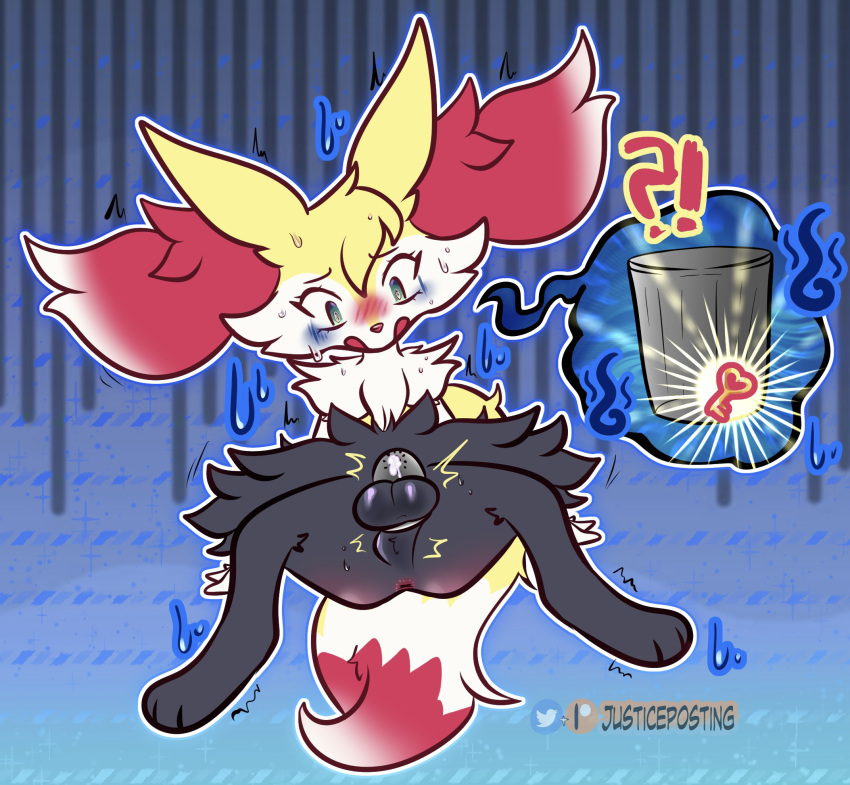 2022 anthro anus artist_name balls black_body black_fur blush bodily_fluids braixen canid canine chastity_cage chastity_device cum cum_on_chastity_cage digital_drawing_(artwork) digital_media_(artwork) english_text fur generation_6_pokemon genital_fluids genitals green_eyes grey_(dgbraixen) hi_res inner_ear_fluff justiceposting key_disposal male mammal metal_chastity_cage nintendo open_mouth pattern_background permanent_chastity_device pokemon pokemon_(species) simple_background sitting solo striped_background surprised_expression sweat sweatdrop text tuft upset white_body white_fur yellow_body yellow_fur