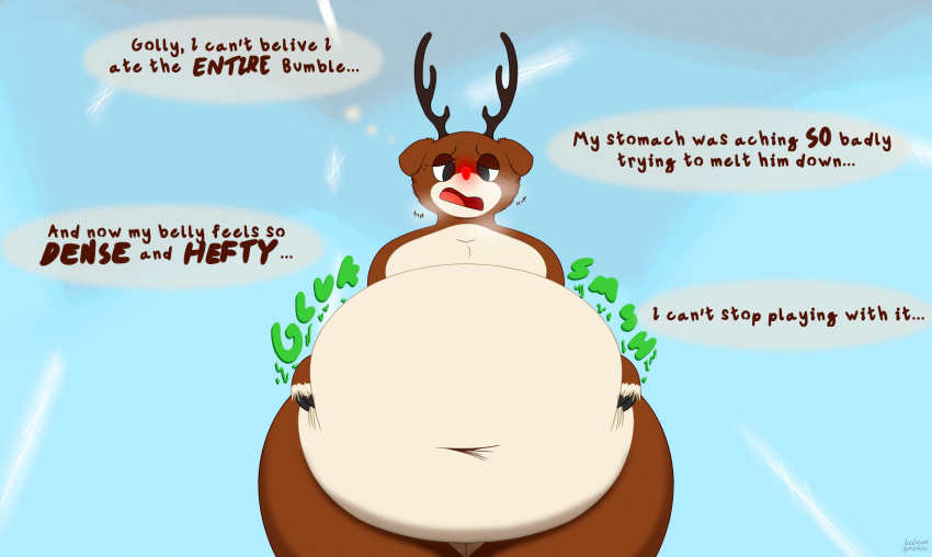 anthro antlers belly breath brown_legs capreoline cervine deer digestion glowing glowing_nose hands_on_belly hi_res hooves horn icecreamsprinkles male mammal navel onomatopoeia oral_vore overweight red_nose reindeer rudolph_the_red-nosed_reindeer solo sound_effects text thick_thighs vore white_belly