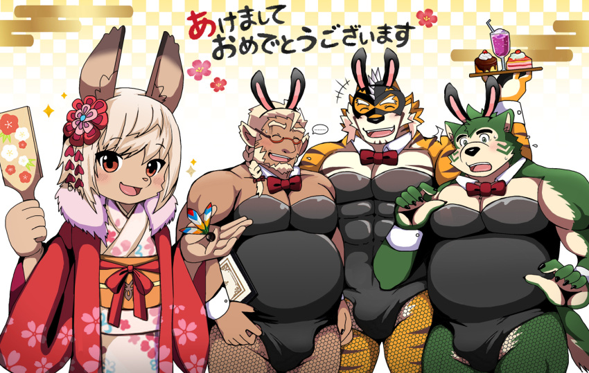 abs anthro asian_clothing bearlovestiger13 belly biceps blush bow_tie bulge canid canine canis chinese_zodiac clothing detailed_bulge domestic_dog east_asian_clothing eyewear fake_ears fake_rabbit_ears felid female fishnet_leggings fur glasses green_body green_fur group huckle humanoid japanese_clothing kimono kirsch_(live_a_hero) lagomorph leporid lifewonders live_a_hero male mammal mask mokdai muscular muscular_anthro muscular_male new_year_2023 overweight pantherine pecs playboy_bunny rabbit ryekie_(live_a_hero) striped_body striped_fur stripes superhero tiger year_of_the_rabbit