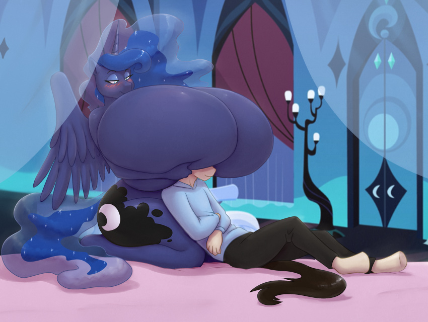 anthro anthrofied big_breasts blush boob_hat breasts clothed clothed/nude clothing equid equine female friendship_is_magic hasbro hi_res horn huge_breasts hyper hyper_breasts hyperstorm_h male male/female mammal marauder6272 my_little_pony nude princess_luna_(mlp) winged_unicorn wings