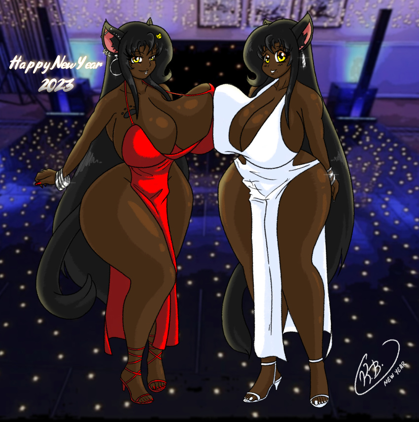 absurd_res animal_humanoid big_breasts breasts cat_humanoid clothed clothing dark_body dark_skin domestic_cat duo felid felid_humanoid feline feline_humanoid felis female footwear hi_res high_heels holidays huge_breasts humanoid krocial_(krocialblack) krocialblack looking_at_viewer mammal mammal_humanoid new_year new_year_2023 piercing shamon_(krocialblack) sibling thick_thighs twins