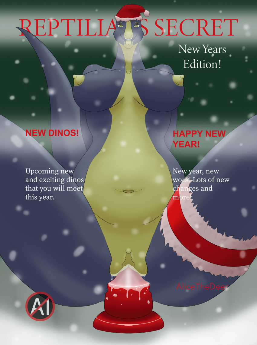 absurd_res alicethedeer anthro big_breasts blue_body bodily_fluids breasts camel_toe christmas christmas_clothing christmas_headwear clothing digital_media_(artwork) dildo dildo_sitting female fully_shaded genitals hat headgear headwear hi_res holidays masturbation nipples nude penetration pinup pose pussy santa_hat scalie sex_toy simple_background smile solo solo_focus text thick_tail thick_thighs vaginal vaginal_masturbation