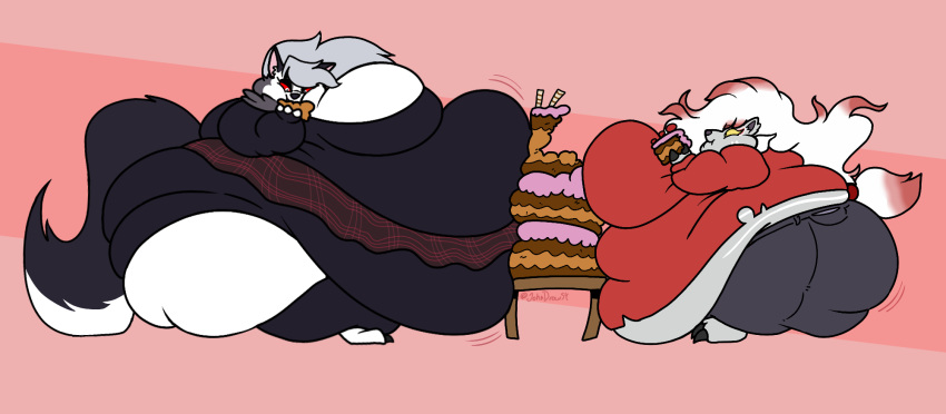 2022 anthro belly big_belly big_breasts big_butt bottomwear breasts butt cake canid canid_demon canine clothed clothing demon dessert digital_media_(artwork) duo female food fur hair hellhound helluva_boss hi_res hisuian_form hisuian_zoroark johndraw54 loona_(helluva_boss) mammal morbidly_obese morbidly_obese_anthro morbidly_obese_female nintendo obese obese_anthro obese_female overweight overweight_anthro overweight_female pokemon pokemon_(species) pokemon_legends_arceus red_sclera regional_form_(pokemon) simple_background skirt thick_thighs white_body white_fur