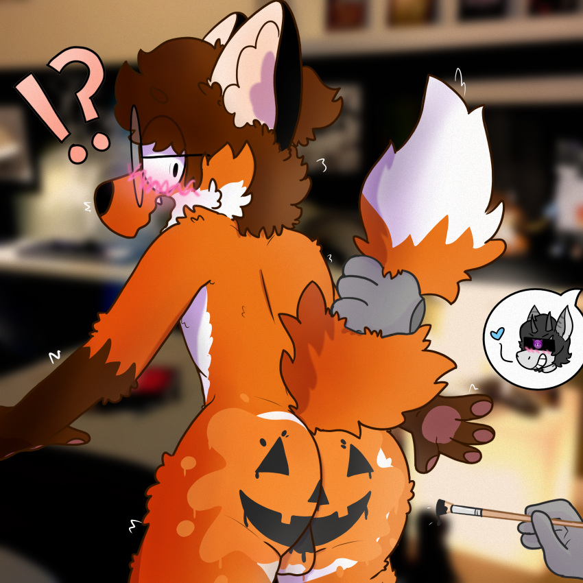 1:1 anthro balls blurred_background bodypaint brush butt canid canine cordy_fox cordy_fox_(character) duo embarrassed eyewear fluffy fluffy_butt fluffy_tail flustered fox fur genitals glasses hi_res jack-o'-lantern male male/male mammal matt_(icyflames) orange_body orange_fur paintbrush painted_balls painted_butt pumpkin_butt shar speech_bubble tail tail_grab tail_pull