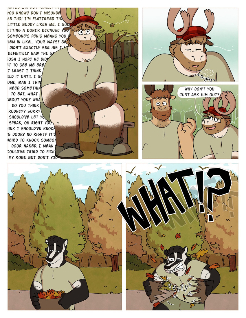 anthro asking_what badger bench capreoline comic deer dialogue duo english_text hi_res male mammal moose mustelid musteline nardodraws outside overweight overweight_male park sitting startled text yelling