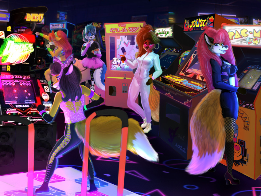 4:3 80's_theme anthro arcade bemani blue_eyes canid canine clothed clothing countershade_face countershade_fur countershade_torso countershading dance_dance_revolution digital_media_(artwork) female female/female fox fully_clothed fur group inside konami lips mammal night pac-man pac-man_(series) pink_eyes rocksy roxxy_(roxxy_n_roll) shaded standing stellar thick_bottom_lip totally triumphant