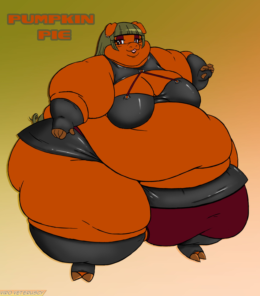 absurd_res anthro belly big_belly big_breasts bottomwear breasts clothing digital_media_(artwork) domestic_pig ear_piercing ear_ring english_text female fingerless_gloves gloves hair handwear hi_res huge_thighs mammal morbidly_obese morbidly_obese_anthro morbidly_obese_female obese obese_anthro obese_female open_mouth overweight overweight_anthro overweight_female piercing pumpkin_pie_(viroveteruscy) red_eyes ring_piercing solo suid suina sus_(pig) text thick_thighs topwear viroveteruscy warning_cream_filled